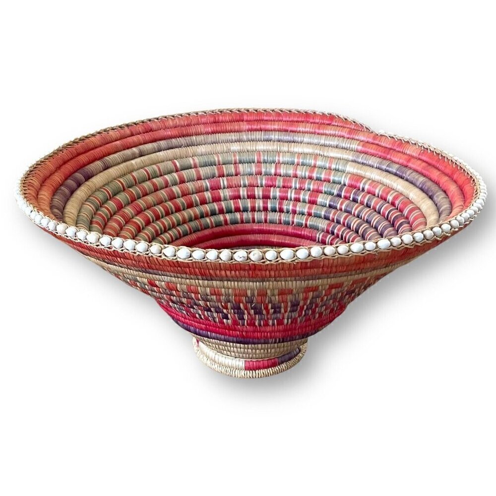 African Coil Basket Bowl Large 16.5" Diameter Colorful Handmade Footed Beaded